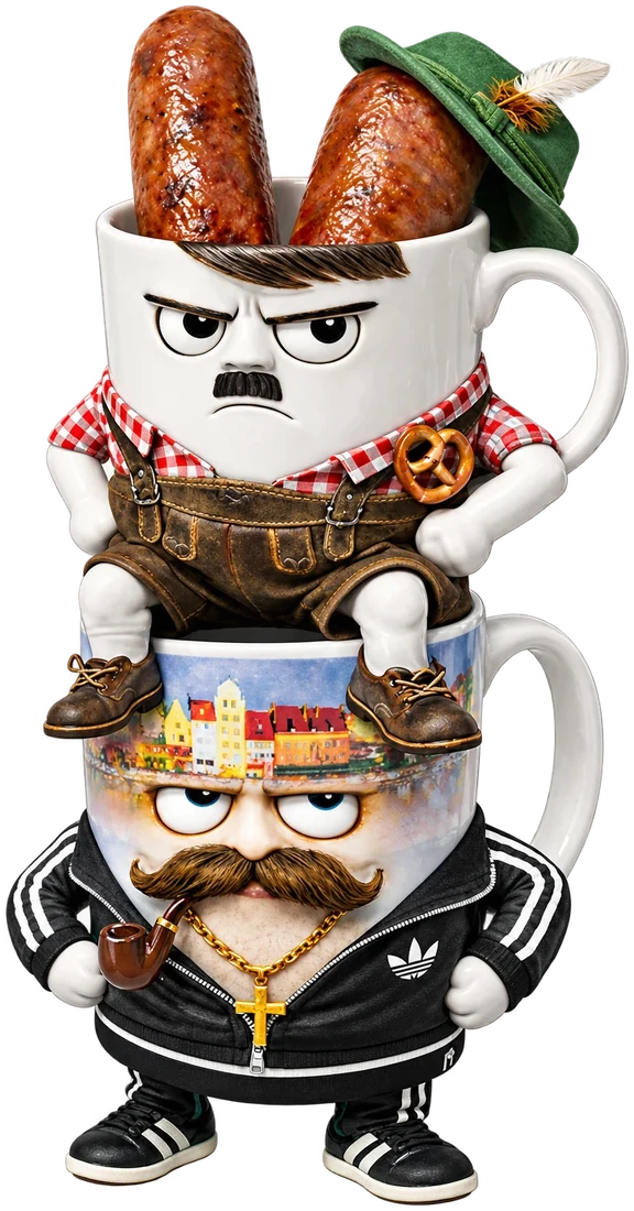 Alf Wurstmeister sitting on Remy's mug, both unimpressed